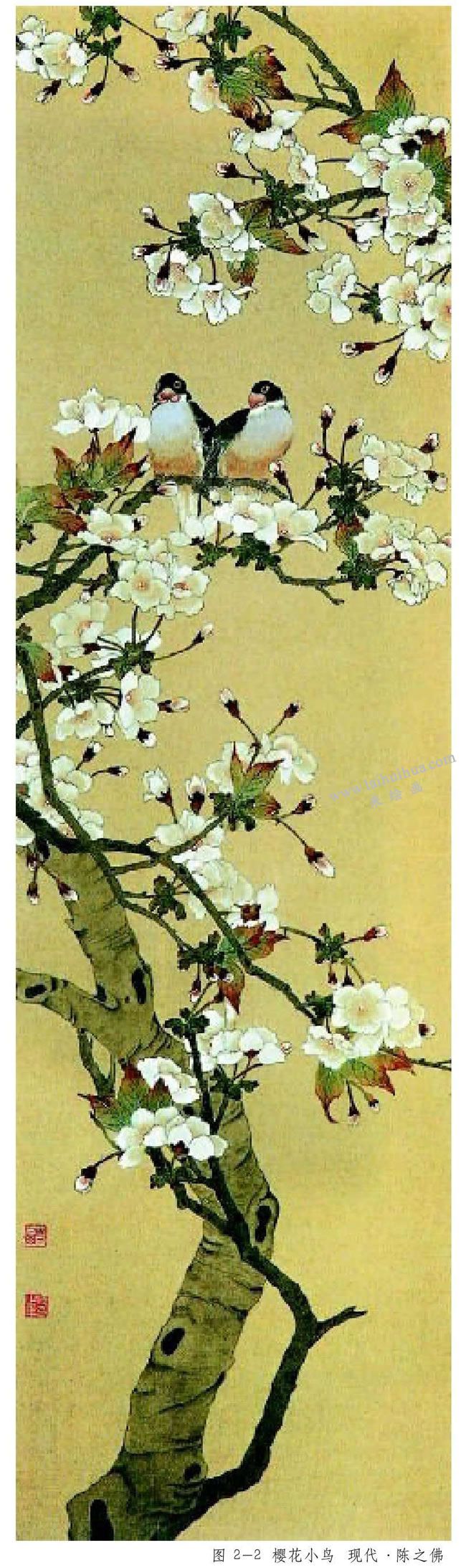 樱花小鸟工笔画