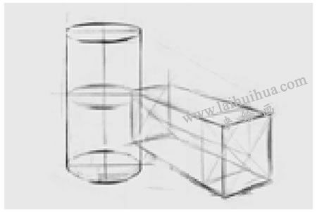 两个几何形体组合（长方体和圆柱体）素描步骤图示03