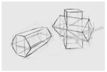两个几何形体组合（六棱柱和穿插体）素描步骤图示03