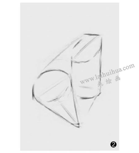 两个几何形体组合（切面圆柱体和圆锥体）素描步骤02