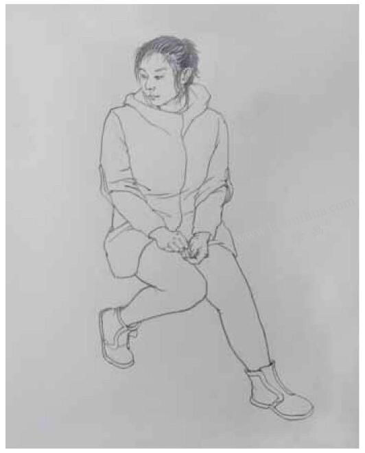 静态坐姿女青年高分线描速写步骤图解04