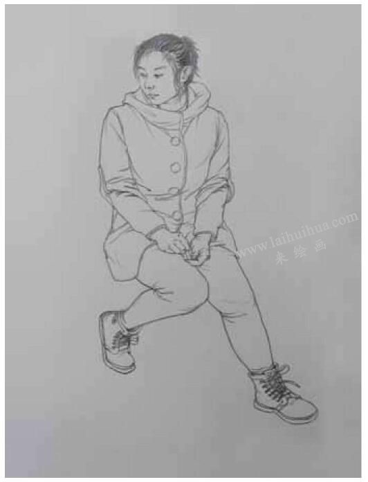 静态坐姿女青年高分线描速写步骤图解05