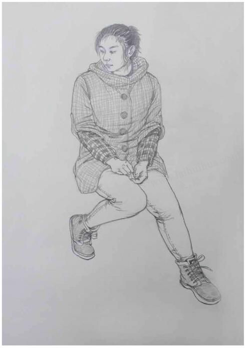 静态坐姿女青年高分线描速写步骤图解06