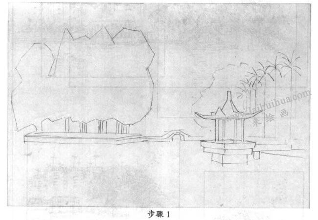 素描西湖风景写生步骤01