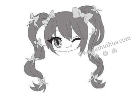 长辫子Q版卡通画少女头部绘制步骤03