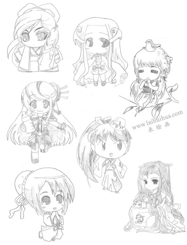 古装型Q版美少女漫画素描大图01