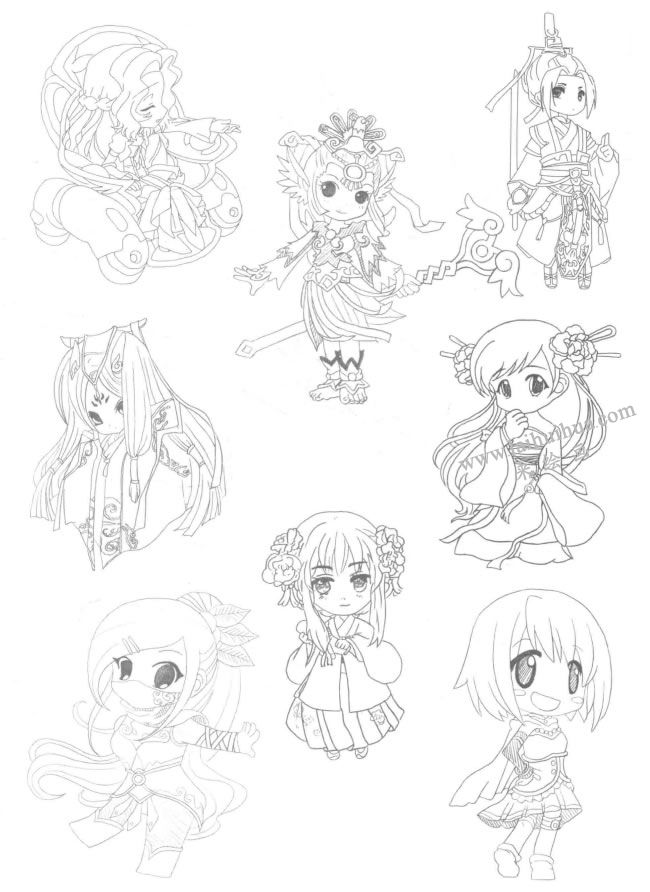 古装型Q版美少女漫画素描大图03
