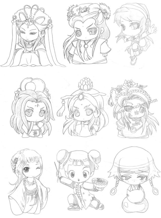 古装型Q版美少女漫画素描大图06