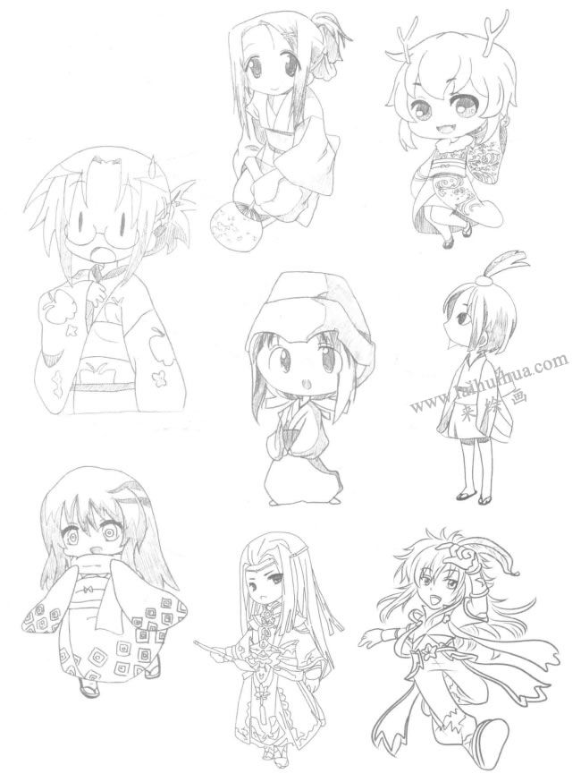 古装型Q版美少女漫画素描大图07