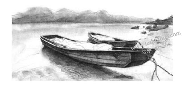 河滩上的小船素描画法步骤04