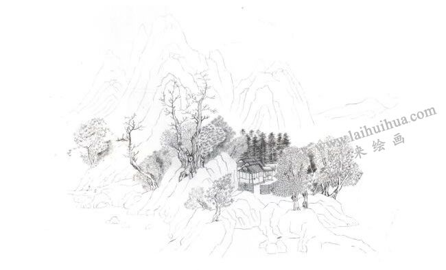临钱选《山居图》古画临摹步骤01