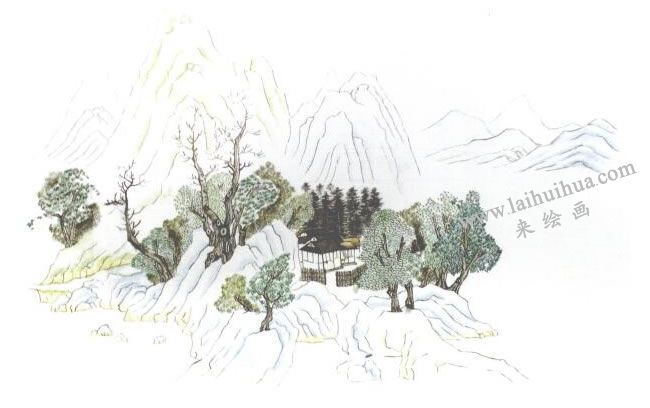 临钱选《山居图》古画临摹步骤02