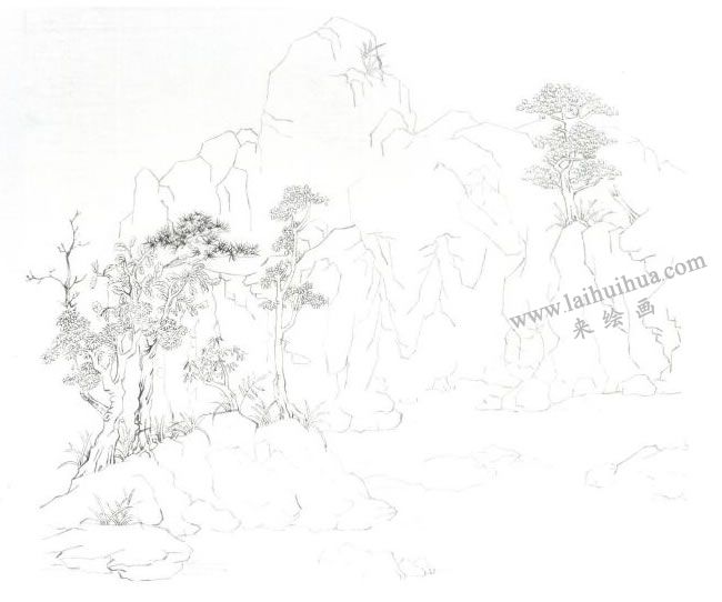 大青绿山水《南京瞻园》国画写生画法步骤01