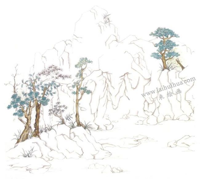 大青绿山水《南京瞻园》国画写生画法步骤03