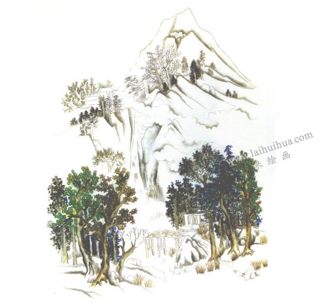 《楠溪江》小青绿山水画写生画法步骤03
