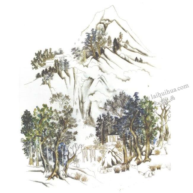 《楠溪江》小青绿山水画写生画法步骤04