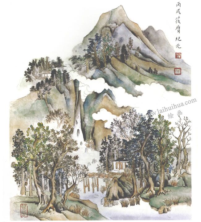 《楠溪江》小青绿山水画写生画法步骤05