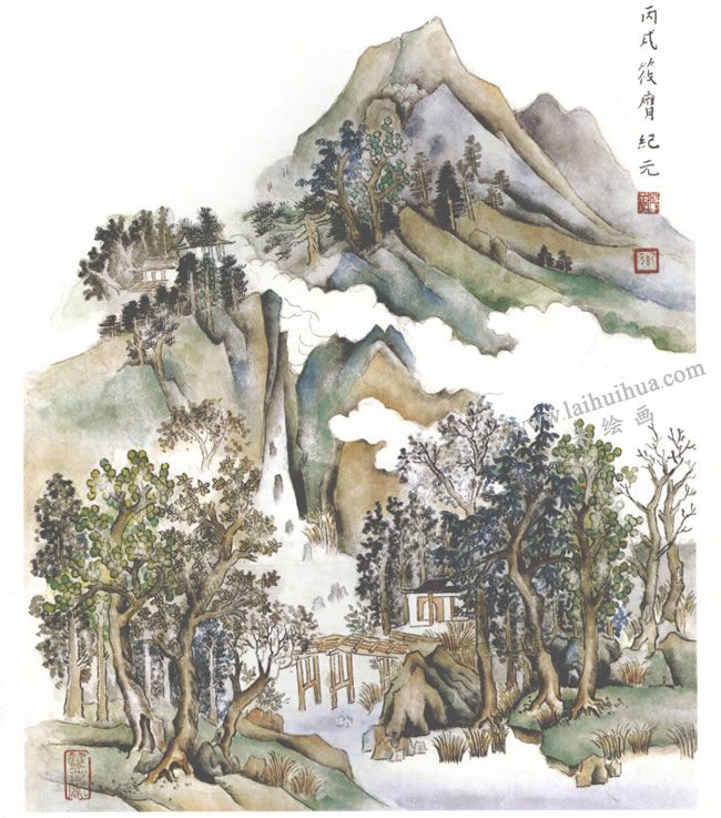 《楠溪江》小青绿山水画写生画法步骤06