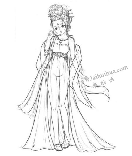 古代宫廷贵妃卡通漫画素描绘制步骤06