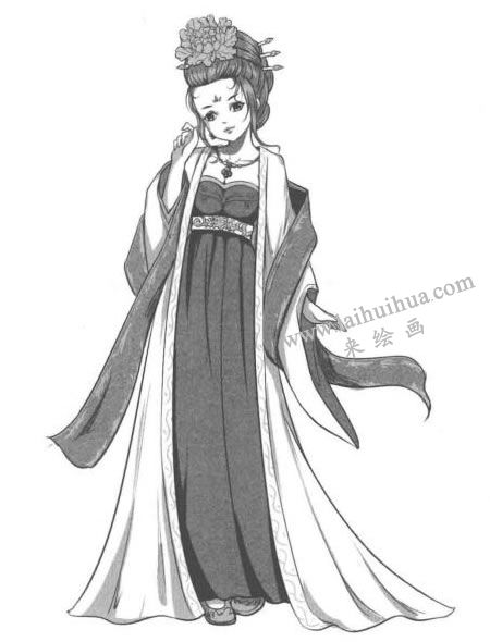 古代宫廷贵妃卡通漫画素描绘制步骤07