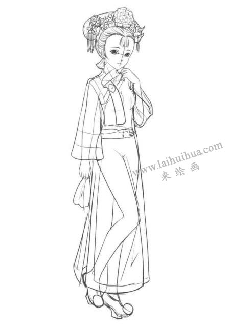 古代宫廷格格卡通漫画素描绘制步骤05