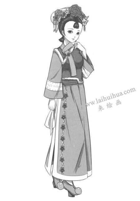古代宫廷格格卡通漫画素描绘制步骤07