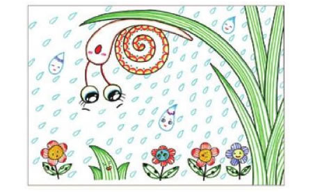 蜗牛避雨儿童画线描绘画步骤06
