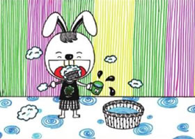 小兔子刷牙儿童画线描
