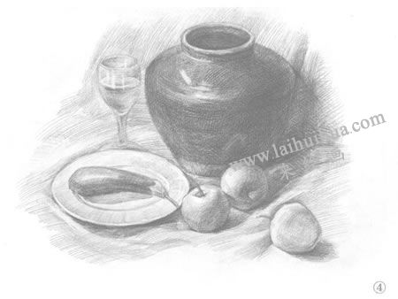罐子、高脚杯、盘子和苹果组合素描画法步骤04