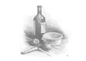 胡萝卜、洋葱和酒瓶组合素描画法