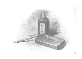 墨汁盒和毛笔组合素描