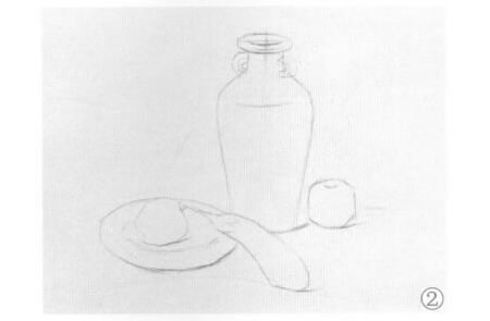 花瓶、盘子和苹果组合素描画法步骤02