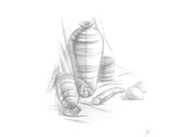 花瓶、鸡蛋和蒜组合素描
