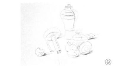 有苹果的静物组合素描画法步骤09