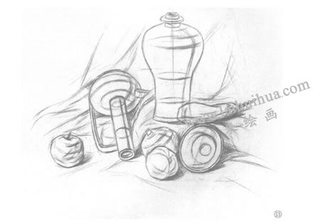 有苹果的静物组合素描画法步骤13