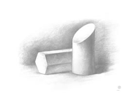 六棱柱体与斜切面圆柱体组合素描