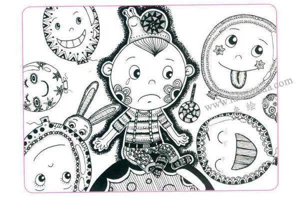 笑眯眯的大气球儿童线描画法步骤04