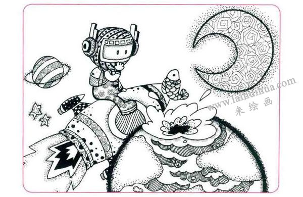我想去太空旅行儿童线描画法步骤04