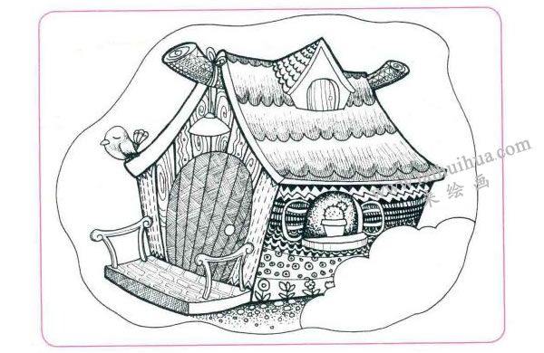漂亮的小木屋儿童线描画法步骤03