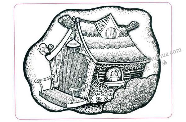 漂亮的小木屋儿童线描画法步骤04