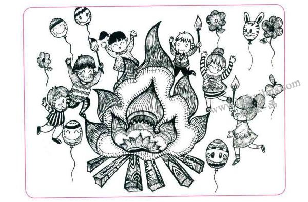 快乐的篝火晚会儿童线描画法步骤04