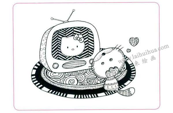小花猫的电视机儿童线描画法步骤04