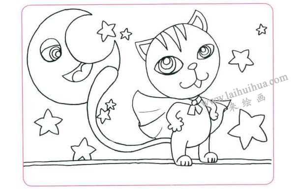 勇敢的小猫咪儿童线描画法步骤01
