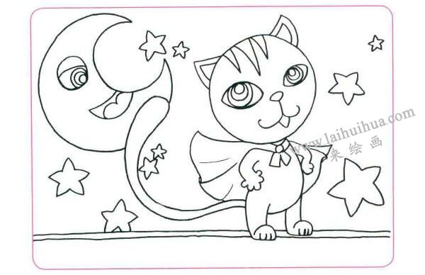 勇敢的小猫咪儿童线描画法步骤02