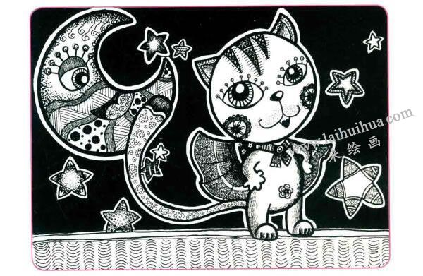 勇敢的小猫咪儿童线描画法步骤04