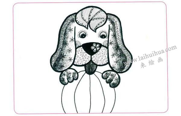 玩皮球的小花狗儿童线描画法步骤图示02