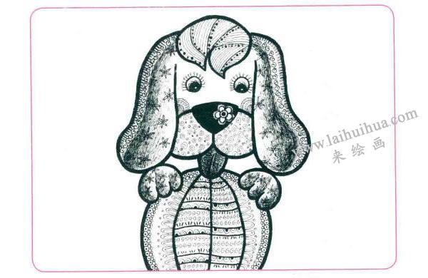 玩皮球的小花狗儿童线描画法步骤图示03