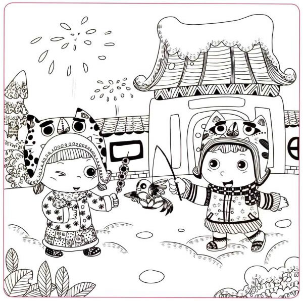 过春节了儿童线描画法