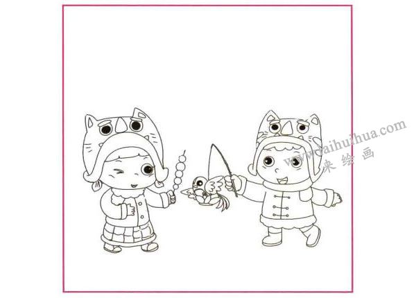 过春节了儿童线描画法步骤01