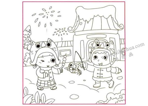 过春节了儿童线描画法步骤02